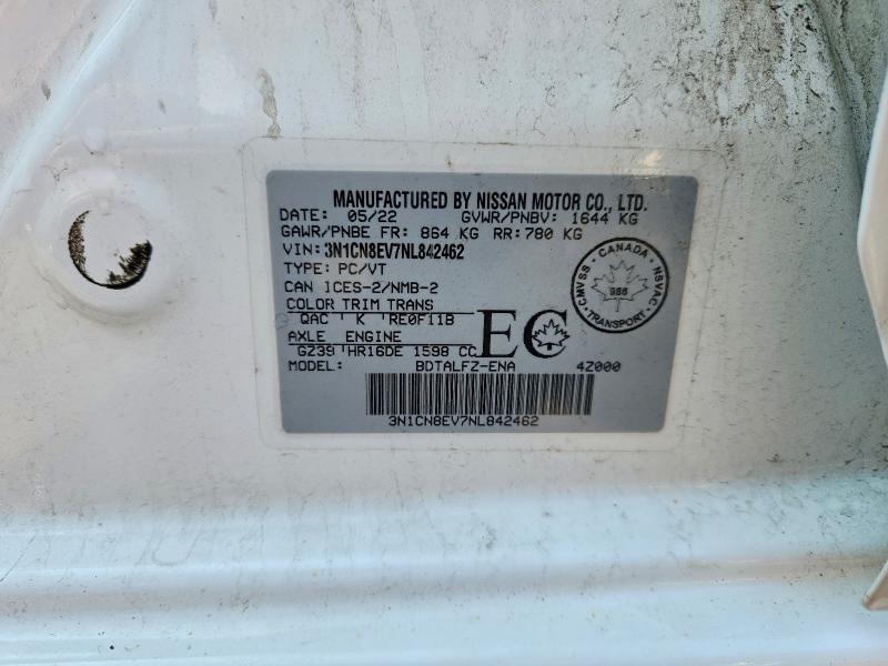 2022 Nissan Versa მანქანა იყიდება აუქციონზე, vin: 3N1CN8EV7NL842462, აუქციონის ნომერი: 58768456