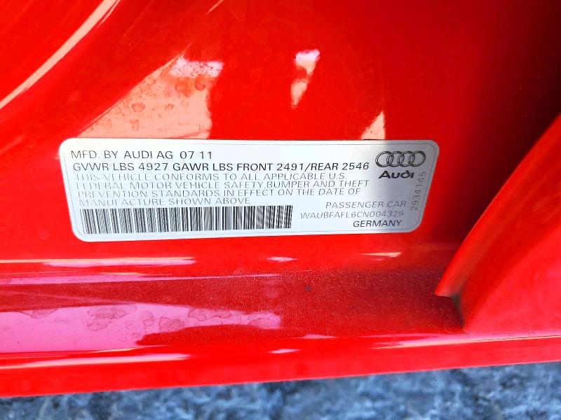 58608736 :رقم المزاد ، WAUBFAFL6CN004329 vin ، 2012 Audi A4 مزاد بيع
