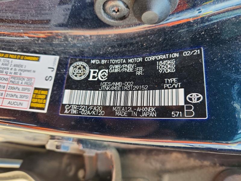 Aukcja sprzedaży 2021 Toyota Corolla, vin: JTNK4MBE1M3129152, numer aukcji: 55586816