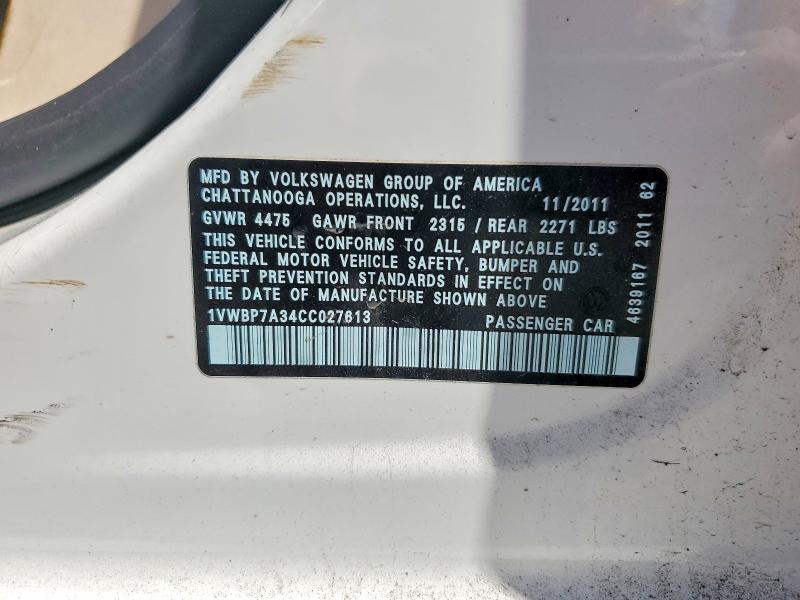 Aukcja sprzedaży 2012 Volkswagen Passat, vin: 1VWBP7A34CC027613, numer aukcji: 55645286