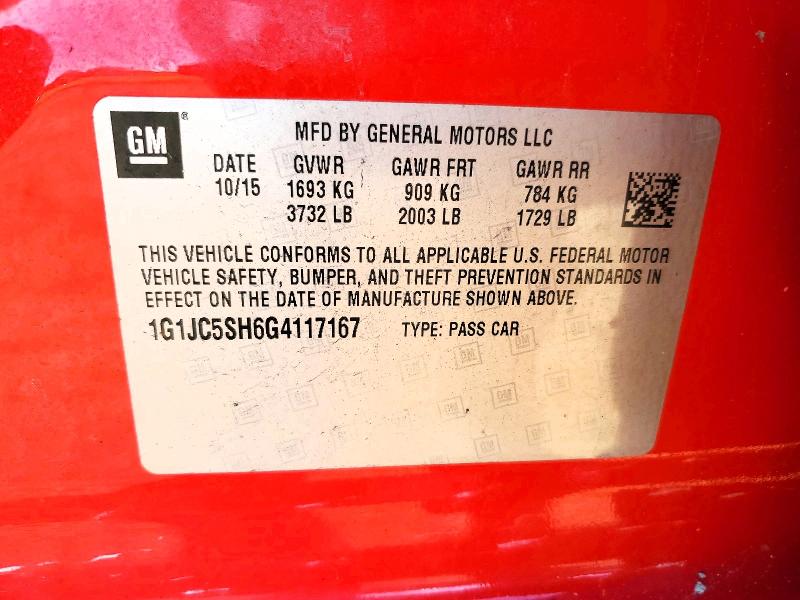 2016 Chevrolet Sonic მანქანა იყიდება აუქციონზე, vin: 1G1JC5SH6G4117167, აუქციონის ნომერი: 58159706