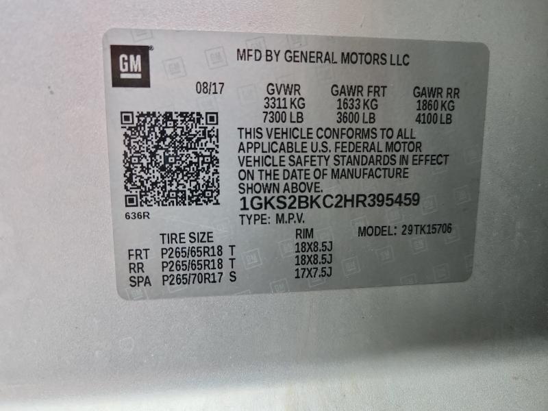 Aukcja sprzedaży 2017 Gmc Yukon, vin: 1GKS2BKC2HR395459, numer aukcji: 57108486
