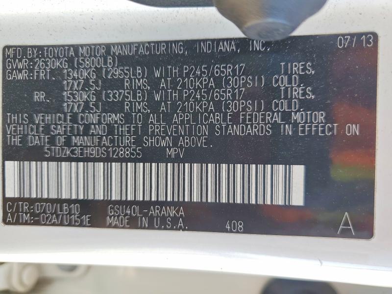 59539536 :رقم المزاد ، 5TDZK3EH9DS128855 vin ، 2013 Toyota Highlander مزاد بيع