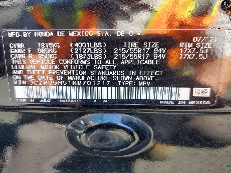 58986726 :رقم المزاد ، 3CZRU5H51NM701217 vin ، 2022 Honda Hr-v مزاد بيع