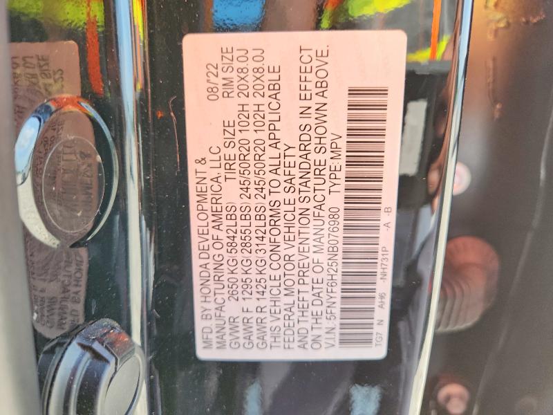 58845216 :رقم المزاد ، 5FNYF6H25NB076980 vin ، 2022 Honda Pilot مزاد بيع