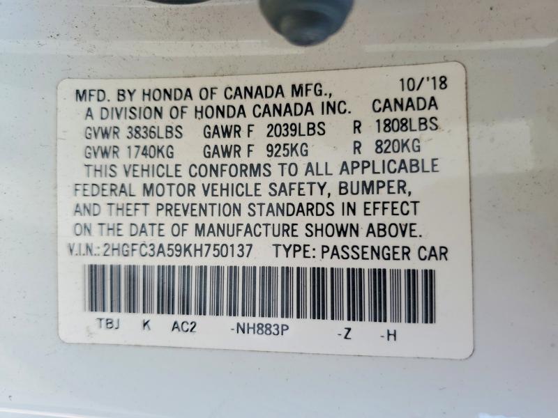 Aukcja sprzedaży 2019 Honda Civic, vin: 2HGFC3A59KH750137, numer aukcji: 57031086