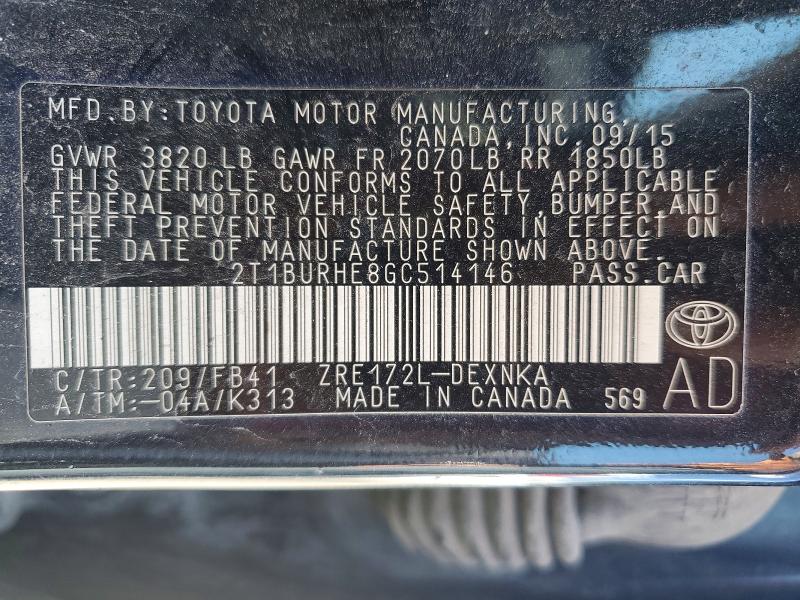Продаж на аукціоні авто 2016 Toyota Corolla, vin: 2T1BURHE8GC514146, номер лоту: 57115476