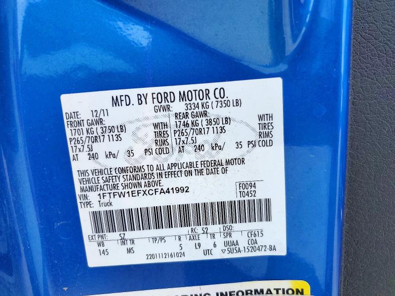Aukcja sprzedaży 2012 Ford F150, vin: 1FTFW1EFXCFA41992, numer aukcji: 55823156