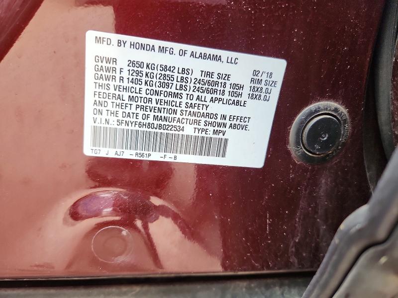Aukcja sprzedaży 2018 Honda Pilot, vin: 5FNYF6H80JB022534, numer aukcji: 55026556