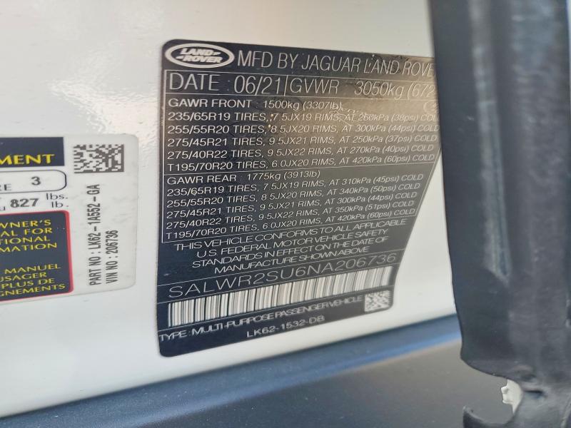 2022 Land Rover Range Rover Sport მანქანა იყიდება აუქციონზე, vin: SALWR2SU6NA206736, აუქციონის ნომერი: 58152926