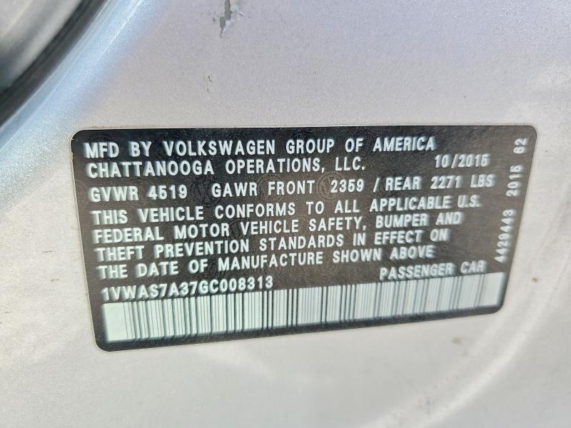 Aukcja sprzedaży 2016 Volkswagen Passat, vin: 1VWAS7A37GC008313, numer aukcji: 57858096