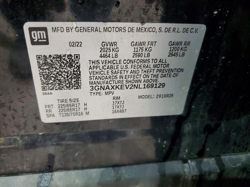 2022 Chevrolet Equinox მანქანა იყიდება აუქციონზე, vin: 3GNAXKEV2NL169129, აუქციონის ნომერი: 58154826