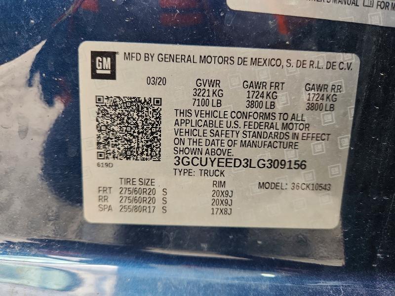 Продаж на аукціоні авто 2020 Chevrolet Silverado, vin: 3GCUYEED3LG309156, номер лоту: 57368176