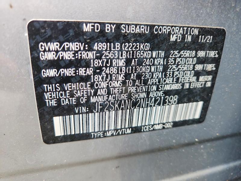 2022 Subaru Forester მანქანა იყიდება აუქციონზე, vin: JF2SKANC2NH421398, აუქციონის ნომერი: 54911516