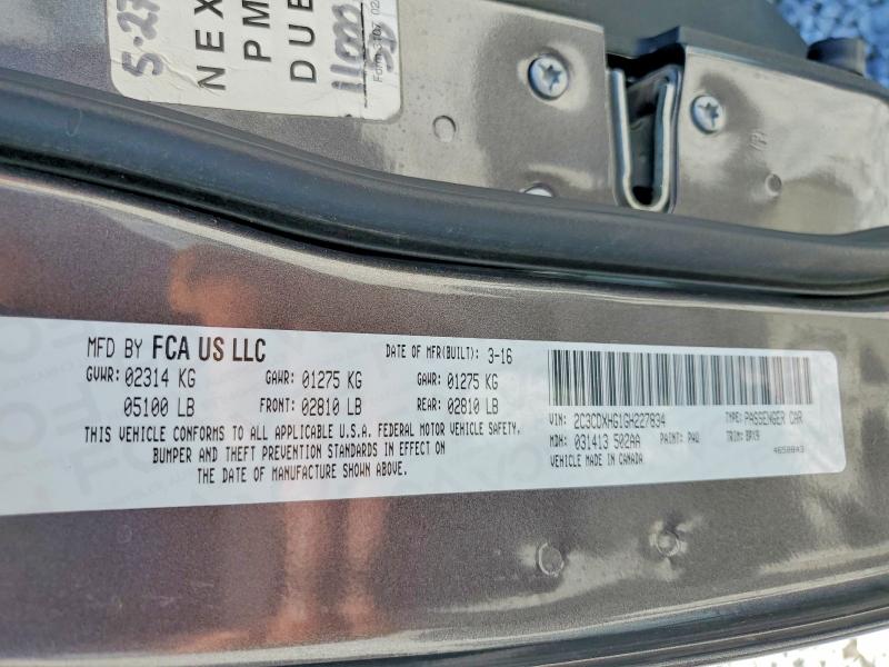 56185076 :رقم المزاد ، 2C3CDXHG1GH227834 vin ، 2016 Dodge Charger مزاد بيع