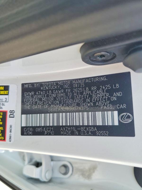 2025 Lexus Es 300h მანქანა იყიდება აუქციონზე, vin: 58AEA1C18SU074375, აუქციონის ნომერი: 55646766