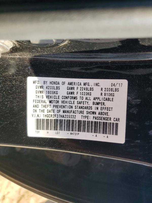 55807126 :رقم المزاد ، 1HGCR2F37HA205032 vin ، 2017 Honda Accord مزاد بيع
