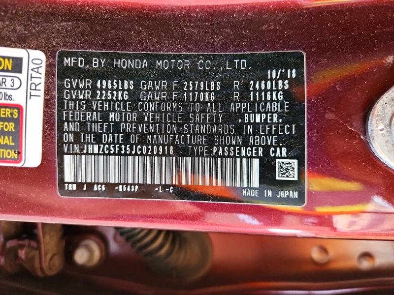 Aukcja sprzedaży 2018 Honda Clarity, vin: JHMZC5F35JC020918, numer aukcji: 56618776