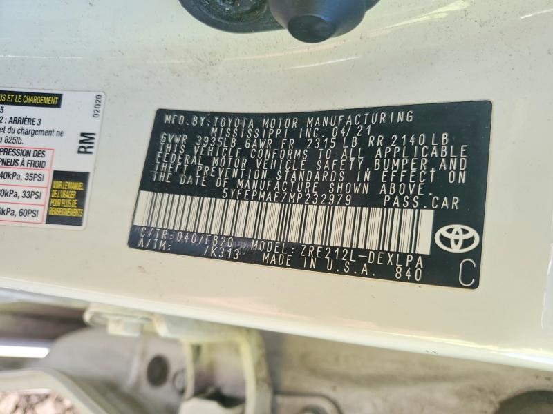 Продажа на аукционе авто 2021 Toyota Corolla, vin: 5YFEPMAE7MP232979, номер лота: 58050576