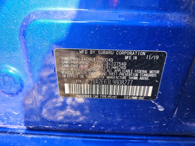 Продаж на аукціоні авто 2020 Subaru Wrx, vin: JF1VA2E63L9808277, номер лоту: 57690046