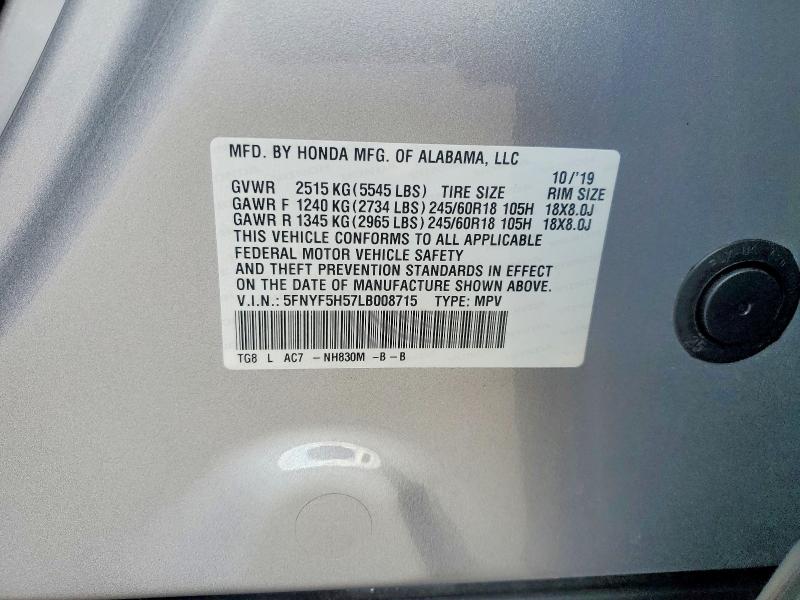 2020 Honda Pilot მანქანა იყიდება აუქციონზე, vin: 5FNYF5H57LB008715, აუქციონის ნომერი: 57212496