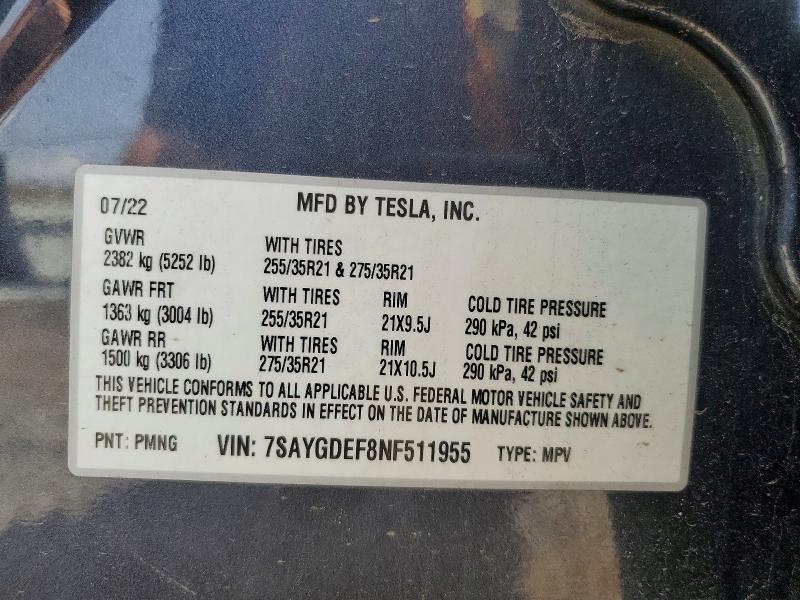2022 Tesla Model Y მანქანა იყიდება აუქციონზე, vin: 7SAYGDEF8NF511955, აუქციონის ნომერი: 85456945