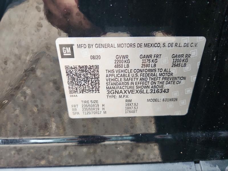56358056 :رقم المزاد ، 3GNAXVEX6LL316343 vin ، 2020 Chevrolet Equinox مزاد بيع