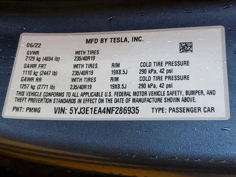 Aukcja sprzedaży 2022 Tesla Model 3, vin: 5YJ3E1EA4NF286935, numer aukcji: 56357646