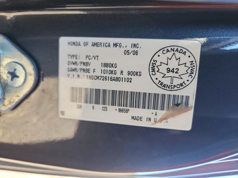 Aukcja sprzedaży 2006 Honda Accord, vin: 1HGCM72616A801102, numer aukcji: 56663346