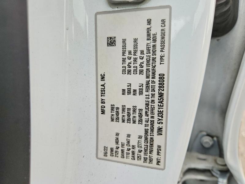 Aukcja sprzedaży 2022 Tesla Model 3, vin: 5YJ3E1EA5NF288080, numer aukcji: 58835586