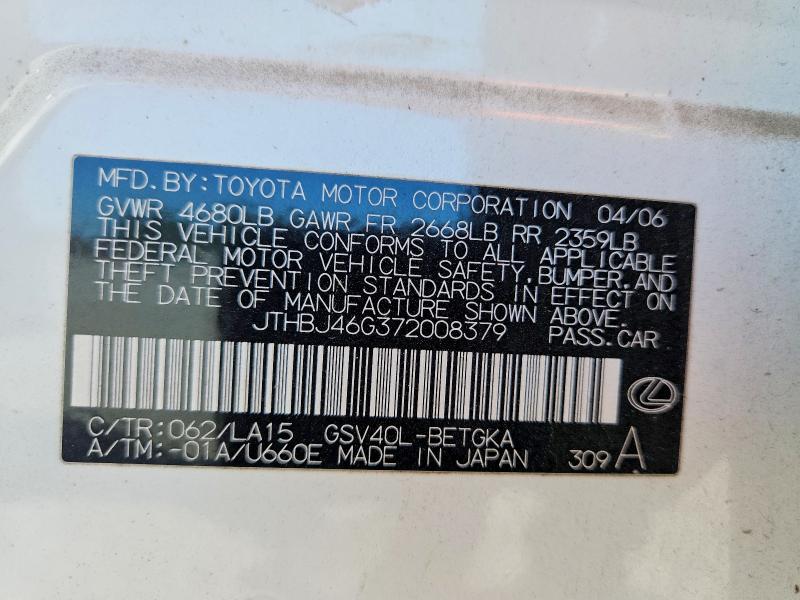 Aukcja sprzedaży 2007 Lexus Es, vin: JTHBJ46G372008379, numer aukcji: 58153576