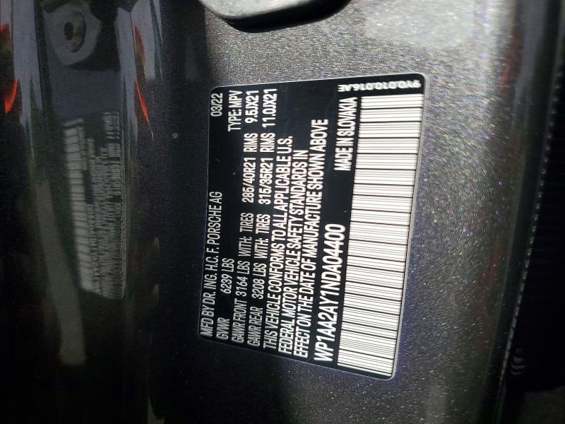 57424956 :رقم المزاد ، WP1AA2AY1NDA04400 vin ، 2022 Porsche Cayenne مزاد بيع