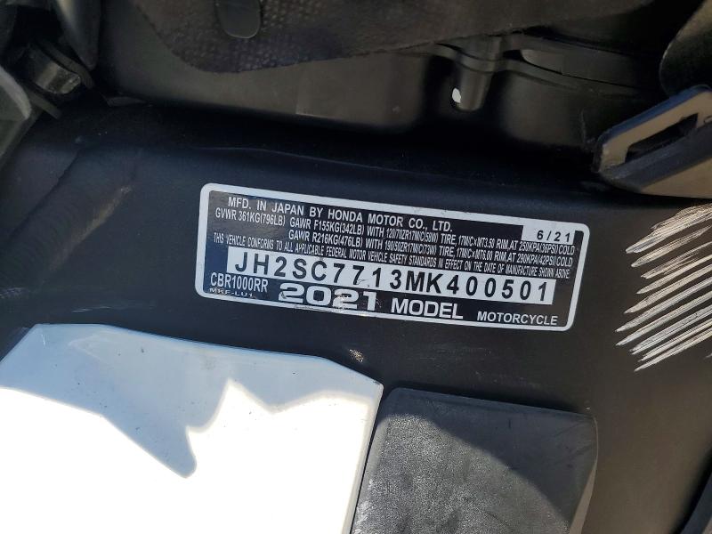 55645616 :رقم المزاد ، JH2SC7713MK400501 vin ، 2021 Honda Cbr1000 مزاد بيع