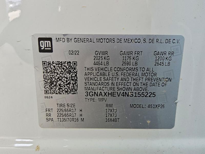 Продаж на аукціоні авто 2022 Chevrolet Equinox, vin: 3GNAXHEV4NS155225, номер лоту: 59064946