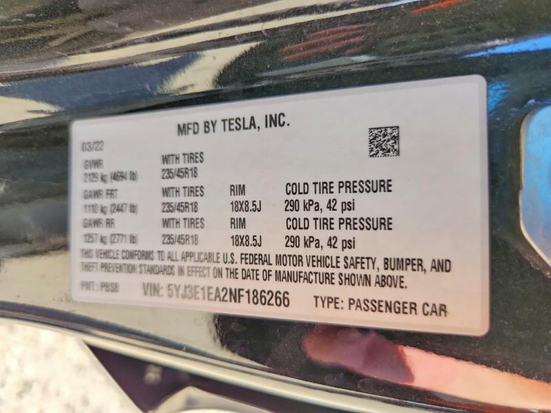 Aukcja sprzedaży 2022 Tesla Model 3, vin: 5YJ3E1EA2NF186266, numer aukcji: 57202386