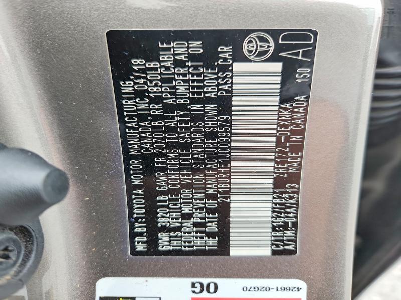 58312386 :رقم المزاد ، 2T1BURHE1JC099579 vin ، 2018 Toyota Corolla مزاد بيع