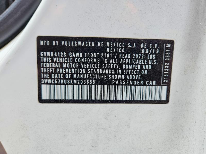 2019 Volkswagen Jetta მანქანა იყიდება აუქციონზე, vin: 3VWC57BU8KM203688, აუქციონის ნომერი: 57831706