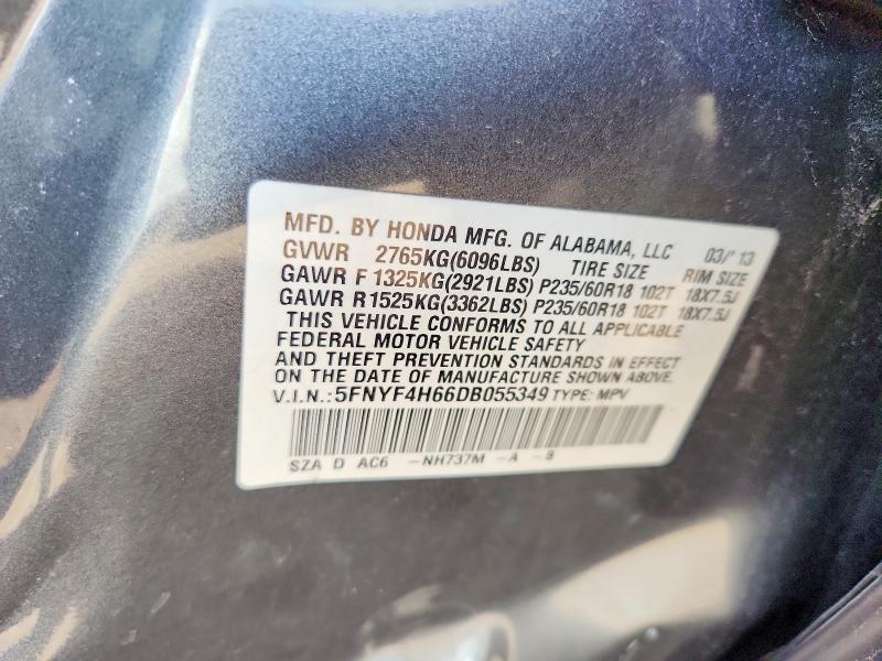 57925296 :رقم المزاد ، 5FNYF4H66DB055349 vin ، 2013 Honda Pilot مزاد بيع