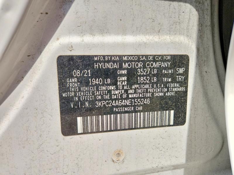 57540996 :رقم المزاد ، 3KPC24A64NE155246 vin ، 2022 Hyundai Accent مزاد بيع