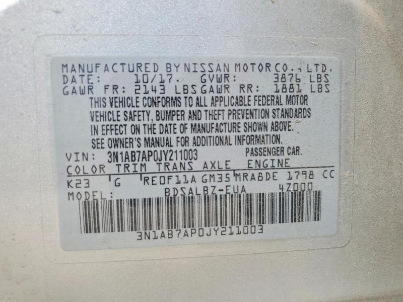 2018 Nissan Sentra მანქანა იყიდება აუქციონზე, vin: 3N1AB7AP0JY211003, აუქციონის ნომერი: 58155976