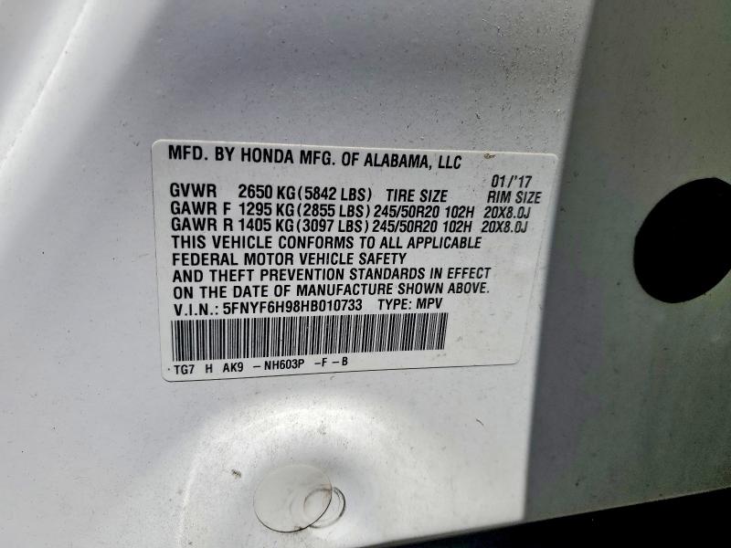 55179056 :رقم المزاد ، 5FNYF6H98HB010733 vin ، 2017 Honda Pilot مزاد بيع