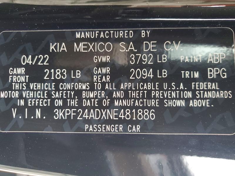 56437106 :رقم المزاد ، 3KPF24ADXNE481886 vin ، 2022 Kia Forte مزاد بيع