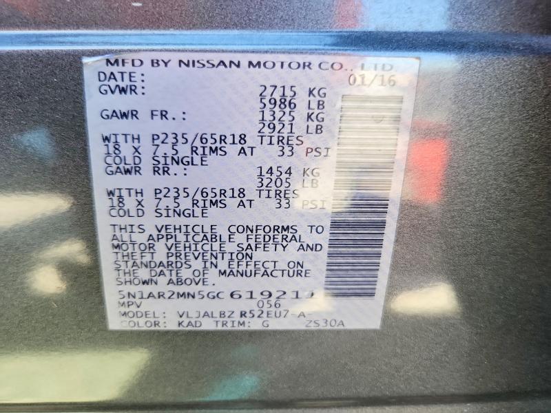 57572556 :رقم المزاد ، 5N1AR2MN5GC619211 vin ، 2016 Nissan Pathfinder مزاد بيع