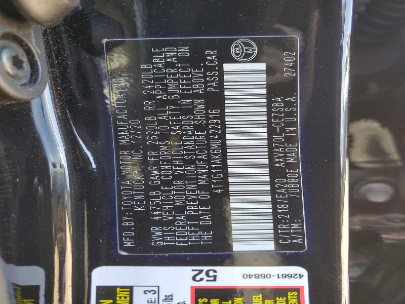 59103036 :رقم المزاد ، 4T1G11AK6MU422916 vin ، 2021 Toyota Camry مزاد بيع