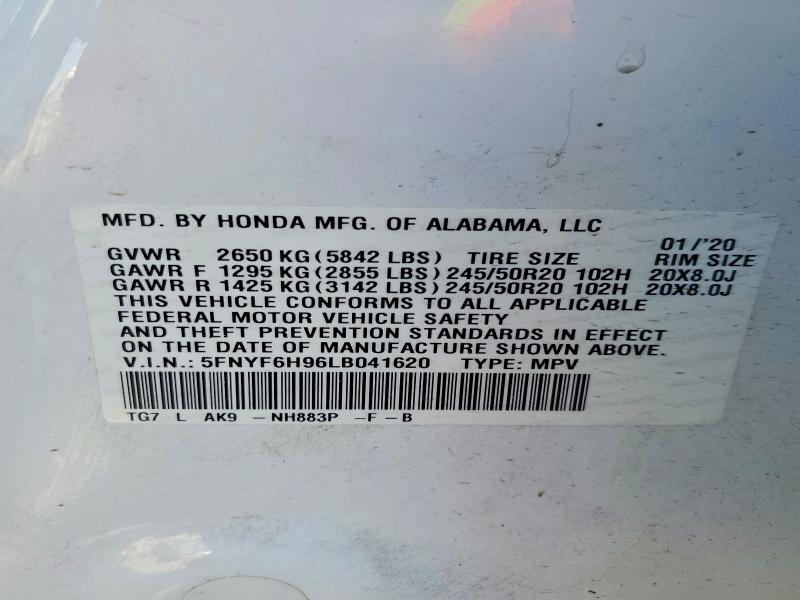 2020 Honda Pilot მანქანა იყიდება აუქციონზე, vin: 5FNYF6H96LB041620, აუქციონის ნომერი: 52921696