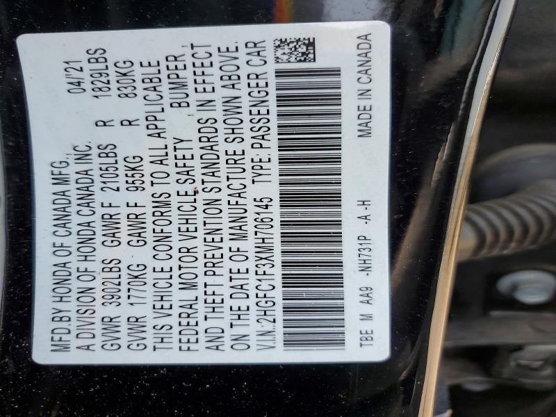 Продаж на аукціоні авто 2021 Honda Civic, vin: 2HGFC1F3XMH706145, номер лоту: 57037926