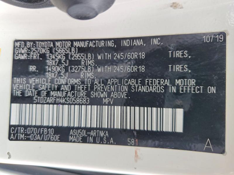 Продаж на аукціоні авто 2019 Toyota Highlander, vin: 5TDZARFH4KS058683, номер лоту: 57270816