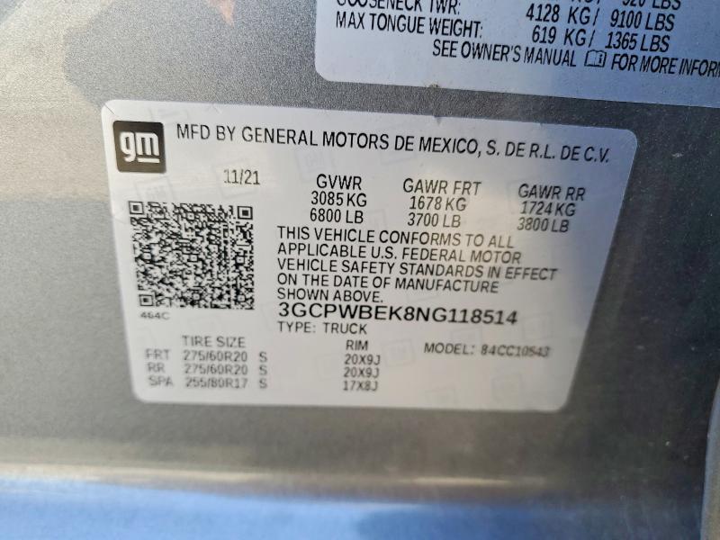 58126476 :رقم المزاد ، 3GCPWBEK8NG118514 vin ، 2022 Chevrolet Silverado Ltd مزاد بيع