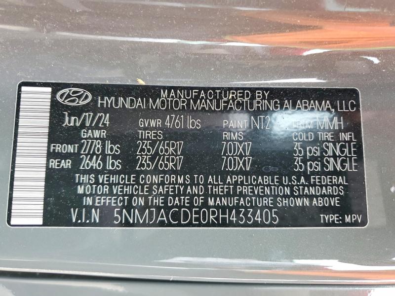 57333566 :رقم المزاد ، 5NMJACDE0RH433405 vin ، 2024 Hyundai Tucson مزاد بيع