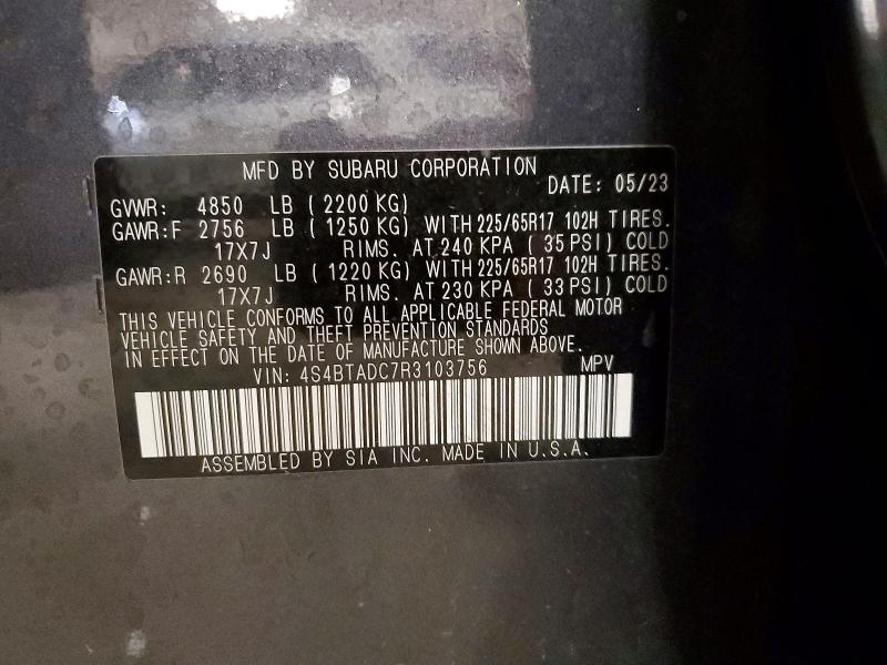 Aukcja sprzedaży 2024 Subaru Outback, vin: 4S4BTADC7R3103756, numer aukcji: 58752376